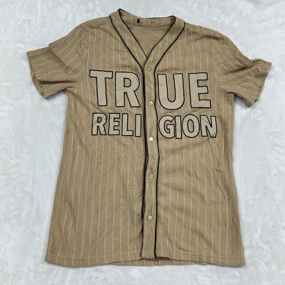 True Religion Baseball Jersey Mens M Tan Pinstripe Snap Front Logo Shirt M 1719